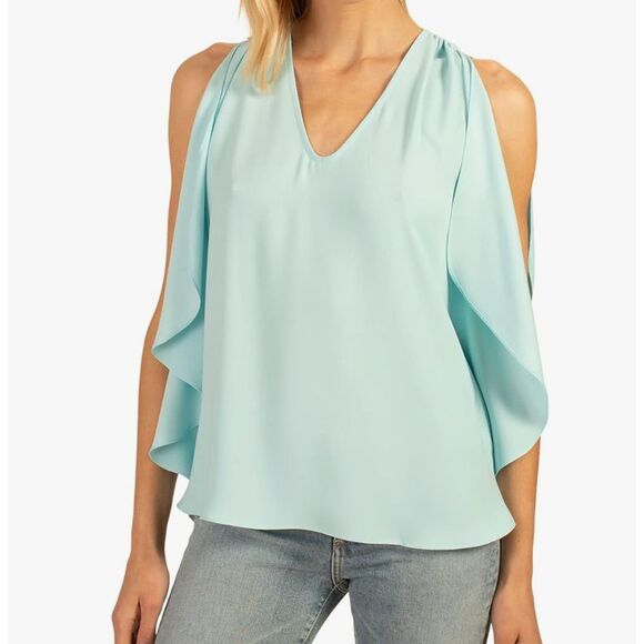 Trina Turk | Haipo Cold Shoulder Blouse with Ruffle Sleeves - Sky, Size XL - Picture 2 of 14